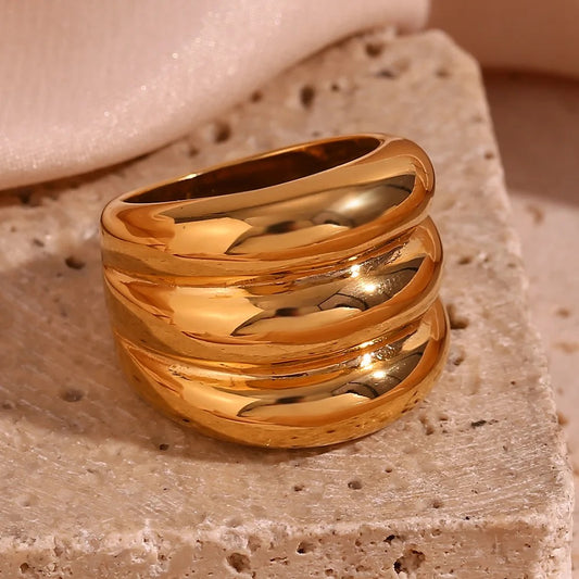 Smooth Waterproof 18K Gold PVD Plated Triple Layered Finger Ring for Women fashion jewelry 2023